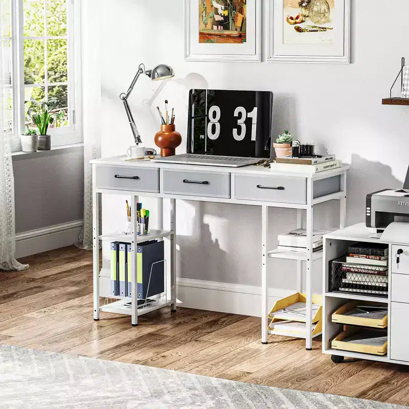 47 Small Computer Desk, Writing Desk with Fabric Drawers, Home Office Desk with Adjustable Shelves