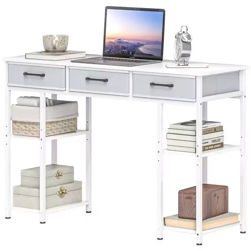 47 Small Computer Desk, Writing Desk with Fabric Drawers, Home Office Desk with Adjustable Shelves