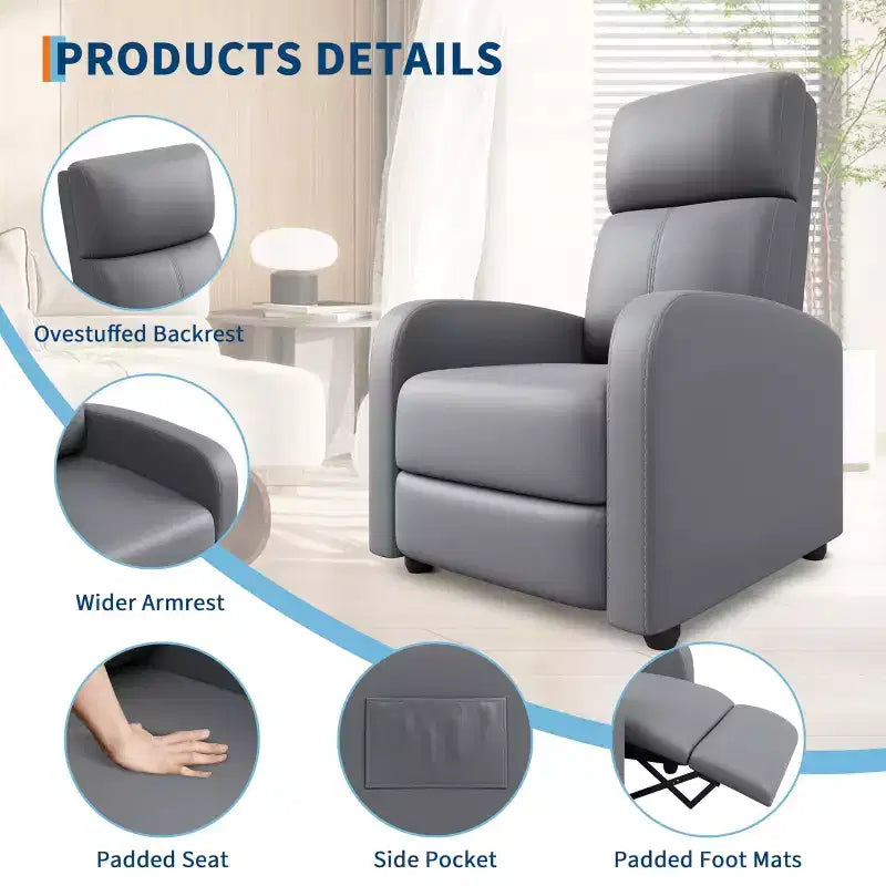 Recliner Chair for Adults, Padded Deep Seat Reading Chair with Side Pocket, Adjustable Single Sofa, Home Theater Seating for Living Room