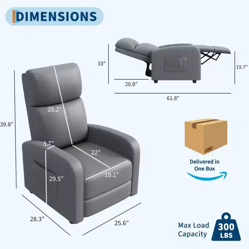 Recliner Chair for Adults, Padded Deep Seat Reading Chair with Side Pocket, Adjustable Single Sofa, Home Theater Seating for Living Room