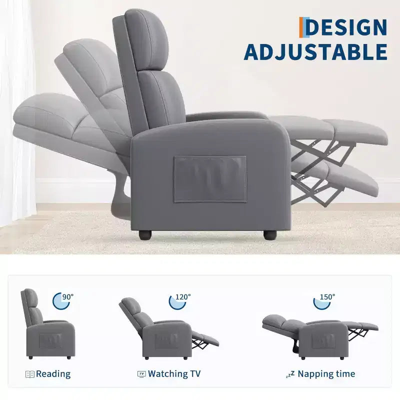 Recliner Chair for Adults, Padded Deep Seat Reading Chair with Side Pocket, Adjustable Single Sofa, Home Theater Seating for Living Room