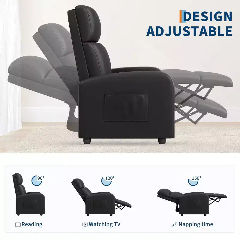 Recliner Chair for Adults, Padded Deep Seat Reading Chair with Side Pocket, Adjustable Single Sofa, Home Theater Seating for Living Room