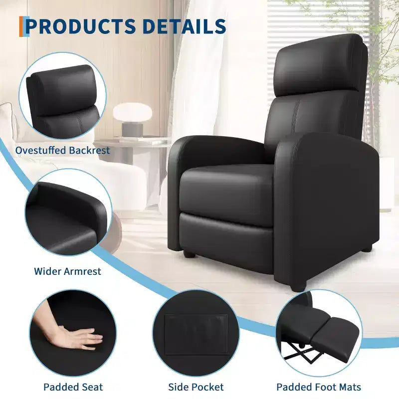 Recliner Chair for Adults, Padded Deep Seat Reading Chair with Side Pocket, Adjustable Single Sofa, Home Theater Seating for Living Room