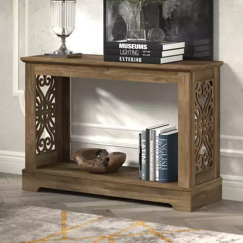 Galano Console Table with Laser-Cut Side Panels in Knotty Oak, 42.1 W x 14.8 D x 29.1 H