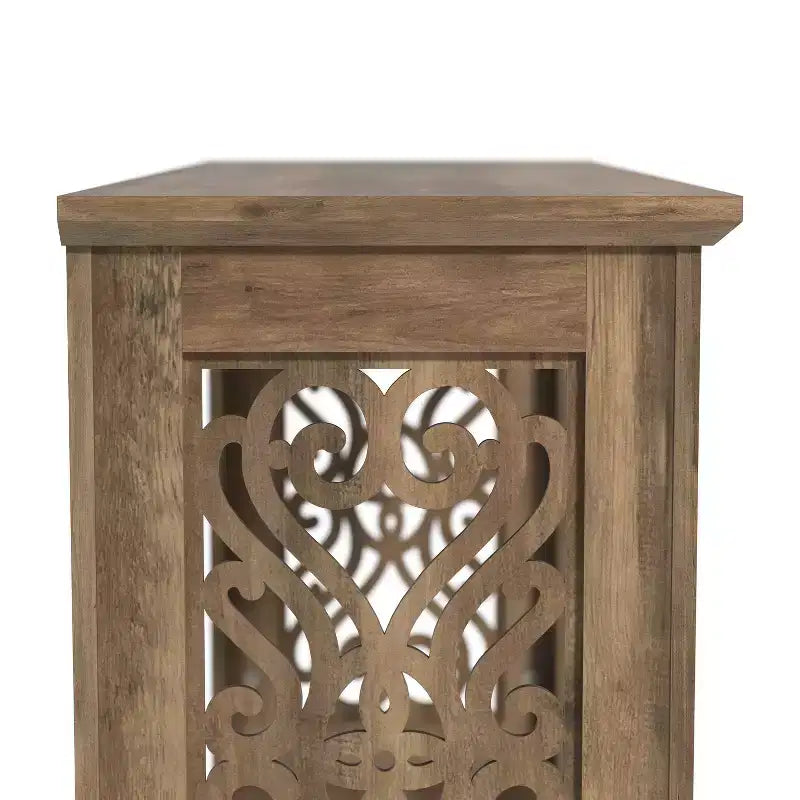 Galano Console Table with Laser-Cut Side Panels in Knotty Oak, 42.1 W x 14.8 D x 29.1 H