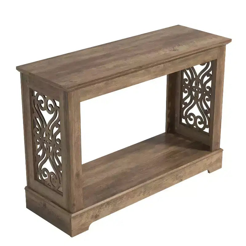 Galano Console Table with Laser-Cut Side Panels in Knotty Oak, 42.1 W x 14.8 D x 29.1 H