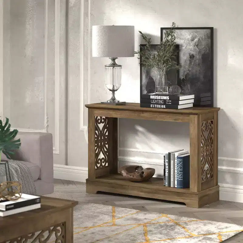 Galano Console Table with Laser-Cut Side Panels in Knotty Oak, 42.1 W x 14.8 D x 29.1 H