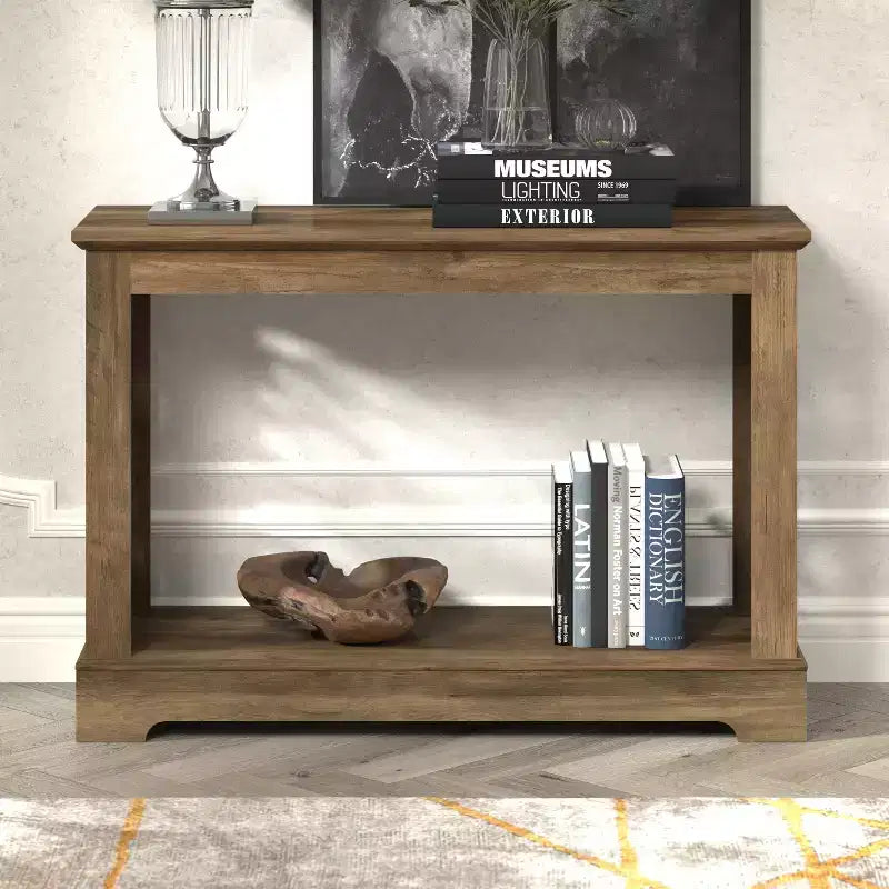 Galano Console Table with Laser-Cut Side Panels in Knotty Oak, 42.1 W x 14.8 D x 29.1 H