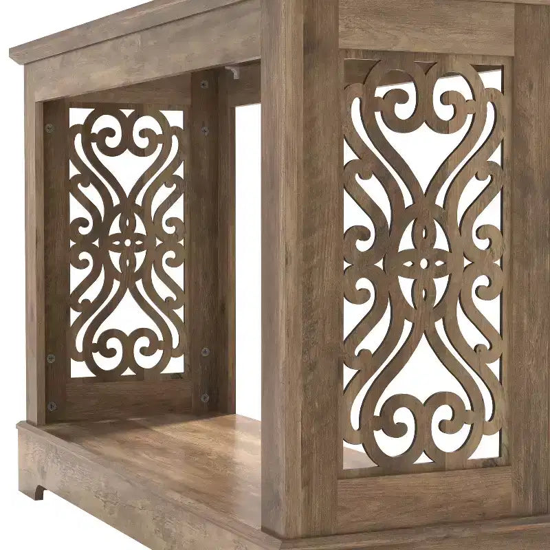 Galano Console Table with Laser-Cut Side Panels in Knotty Oak, 42.1 W x 14.8 D x 29.1 H