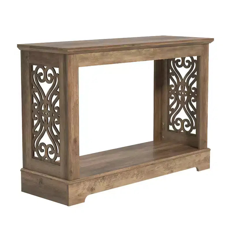 Galano Console Table with Laser-Cut Side Panels in Knotty Oak, 42.1 W x 14.8 D x 29.1 H
