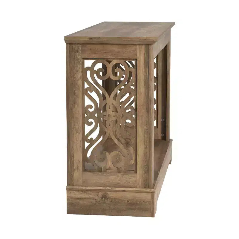 Galano Console Table with Laser-Cut Side Panels in Knotty Oak, 42.1 W x 14.8 D x 29.1 H