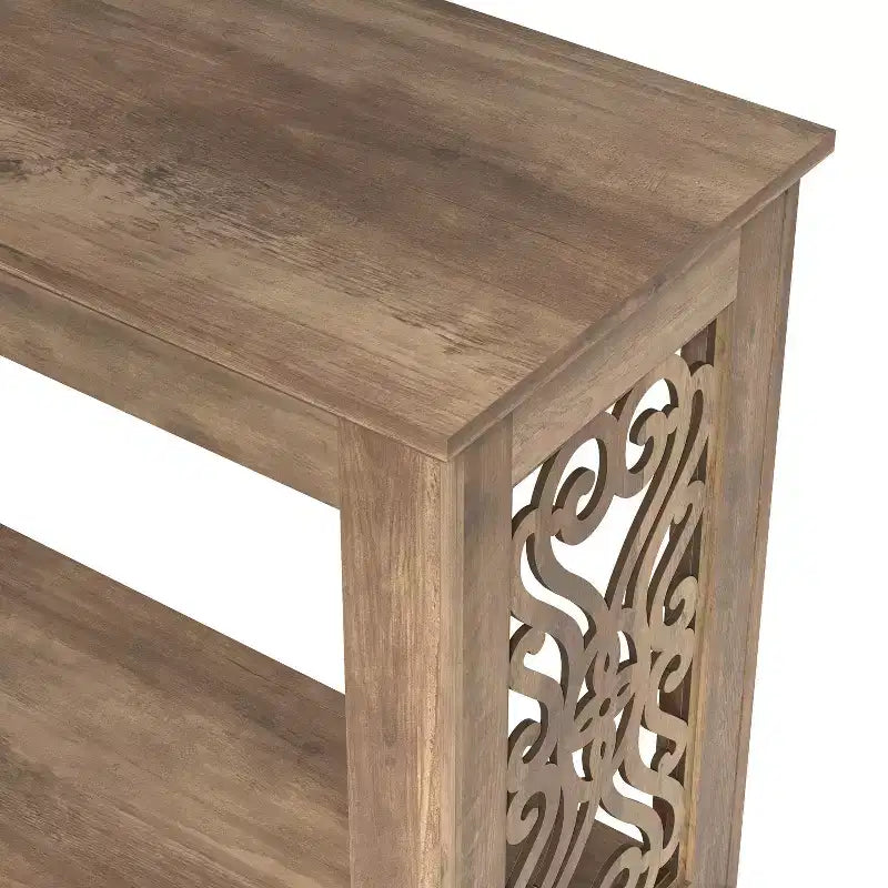 Galano Console Table with Laser-Cut Side Panels in Knotty Oak, 42.1 W x 14.8 D x 29.1 H