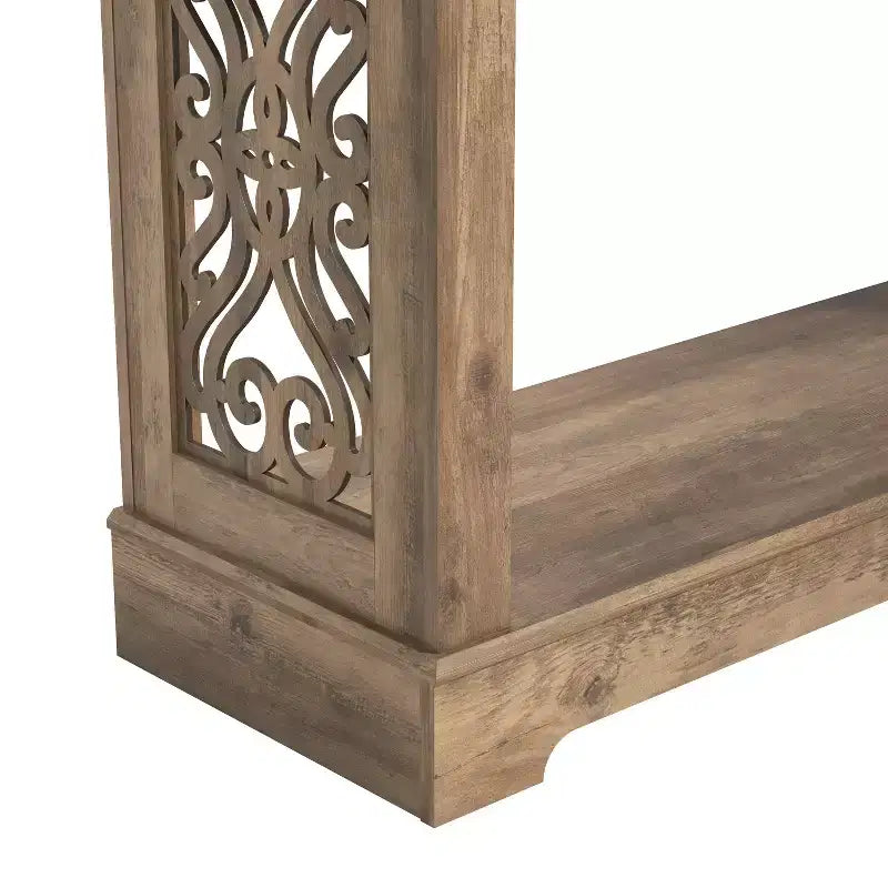Galano Console Table with Laser-Cut Side Panels in Knotty Oak, 42.1 W x 14.8 D x 29.1 H