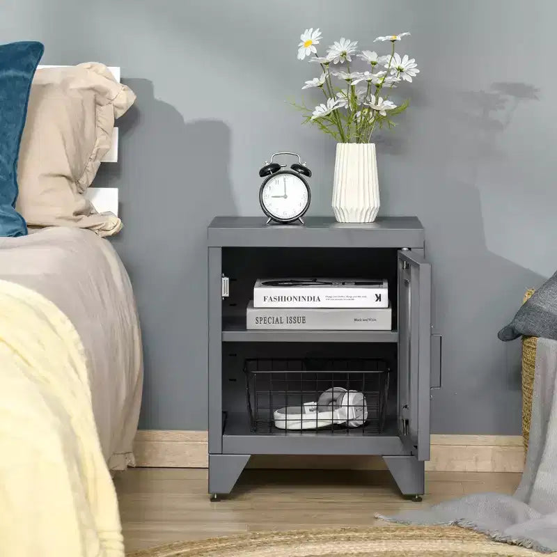Industrial End Table, Living Room Side Table with Locker-Style Door and Adjustable Shelf