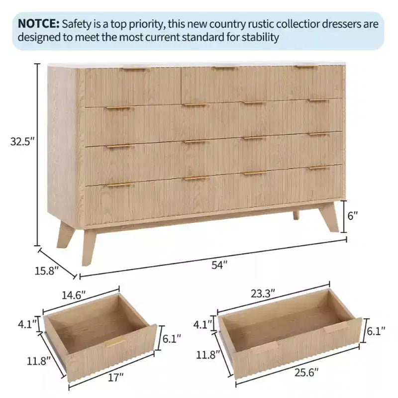54 Wide 9 Drawer Dresser,Wooden Chest of Drawers with Fluted Wave Pattern, Metal Handles, Modern TV Stand Dresser for Bedroom, Living Room