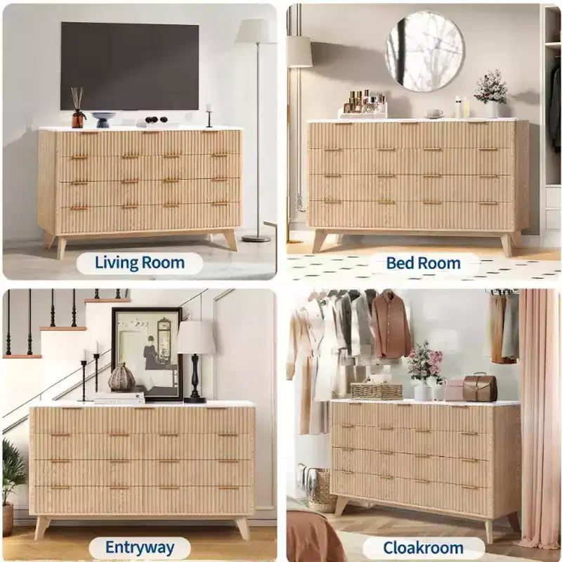 54 Wide 9 Drawer Dresser,Wooden Chest of Drawers with Fluted Wave Pattern, Metal Handles, Modern TV Stand Dresser for Bedroom, Living Room