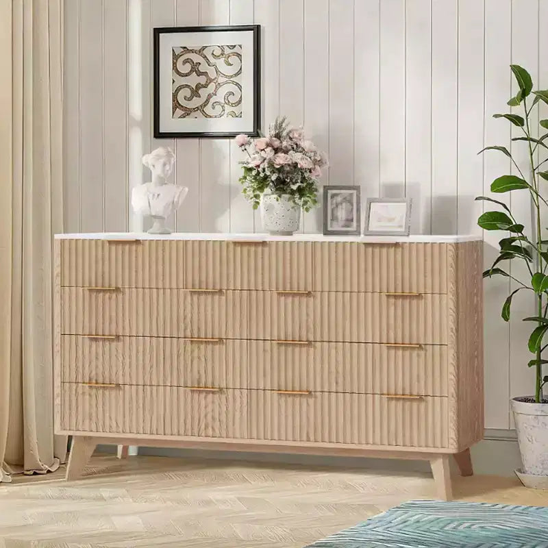 54 Wide 9 Drawer Dresser,Wooden Chest of Drawers with Fluted Wave Pattern, Metal Handles, Modern TV Stand Dresser for Bedroom, Living Room