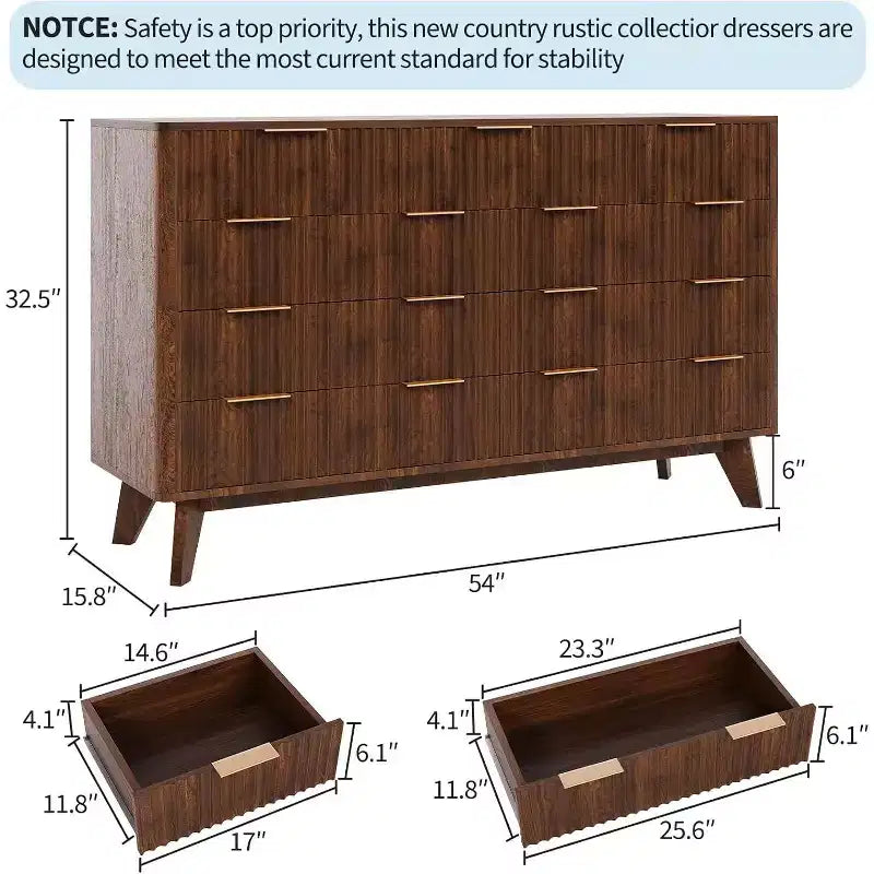 54 Wide 9 Drawer Dresser,Wooden Chest of Drawers with Fluted Wave Pattern, Metal Handles, Modern TV Stand Dresser for Bedroom, Living Room