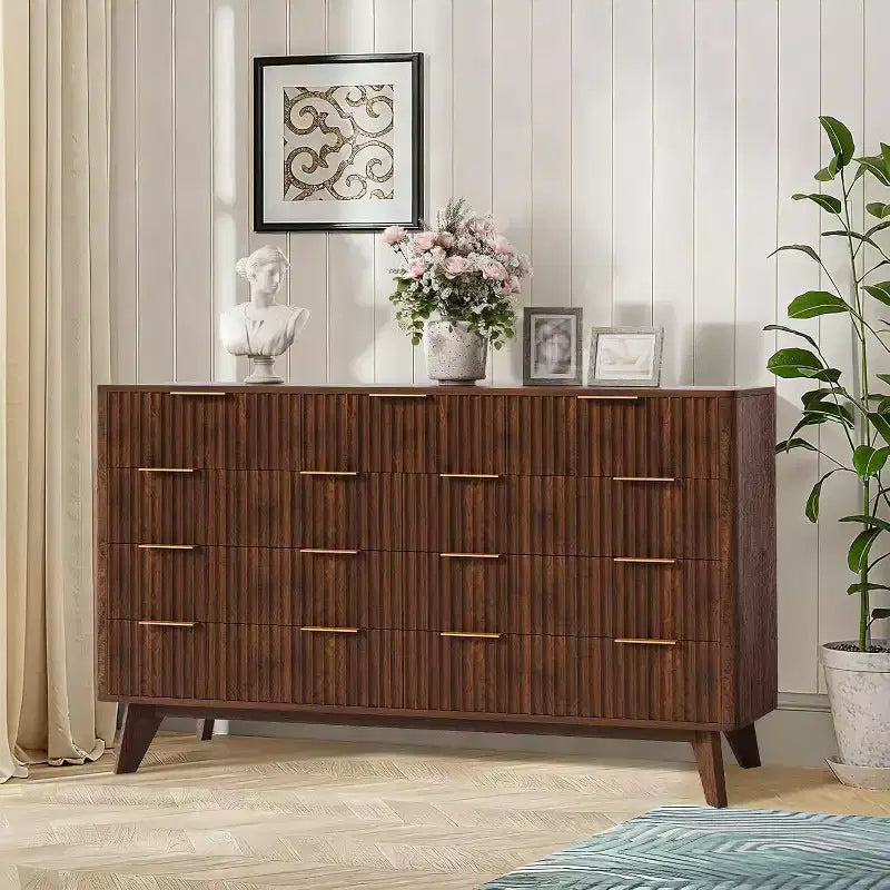 54 Wide 9 Drawer Dresser,Wooden Chest of Drawers with Fluted Wave Pattern, Metal Handles, Modern TV Stand Dresser for Bedroom, Living Room