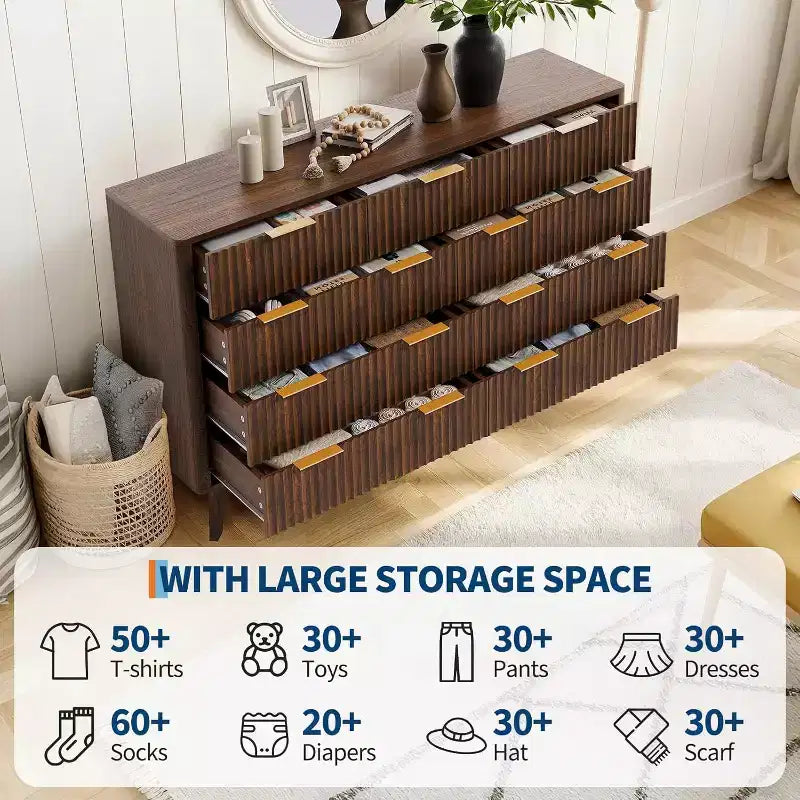 54 Wide 9 Drawer Dresser,Wooden Chest of Drawers with Fluted Wave Pattern, Metal Handles, Modern TV Stand Dresser for Bedroom, Living Room