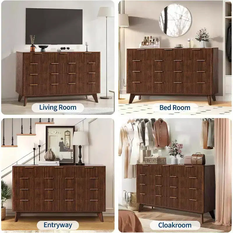 54 Wide 9 Drawer Dresser,Wooden Chest of Drawers with Fluted Wave Pattern, Metal Handles, Modern TV Stand Dresser for Bedroom, Living Room