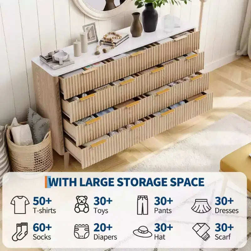 54 Wide 9 Drawer Dresser,Wooden Chest of Drawers with Fluted Wave Pattern, Metal Handles, Modern TV Stand Dresser for Bedroom, Living Room
