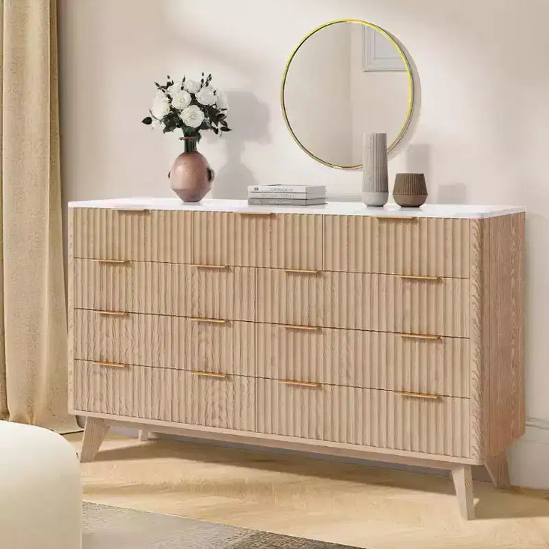 54 Wide 9 Drawer Dresser,Wooden Chest of Drawers with Fluted Wave Pattern, Metal Handles, Modern TV Stand Dresser for Bedroom, Living Room