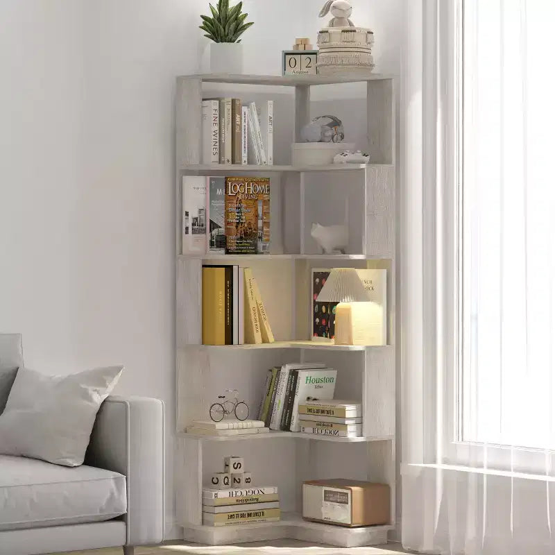 Okak 6 Tier Freestanding L-Shaped Bookshelf Corner Organizer,Wooden Display Bookcase with Anti-Tip Device for Home Office,Study
