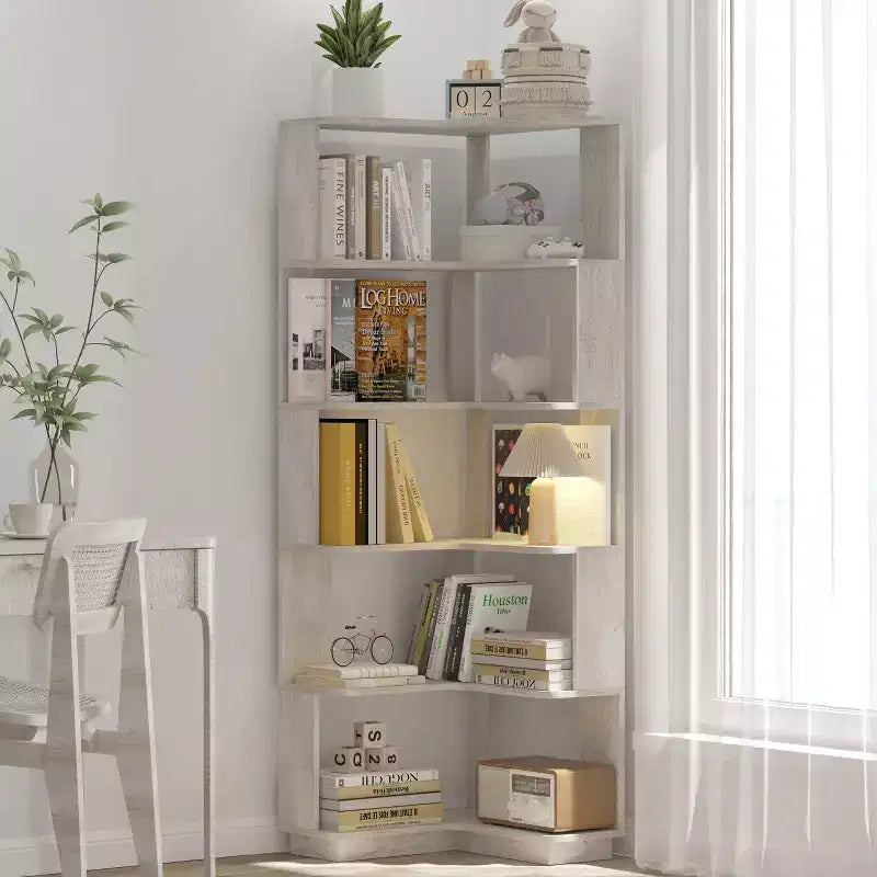Okak 6 Tier Freestanding L-Shaped Bookshelf Corner Organizer,Wooden Display Bookcase with Anti-Tip Device for Home Office,Study