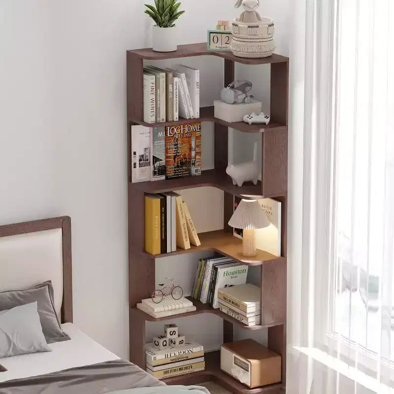Okak 6 Tier Freestanding L-Shaped Bookshelf Corner Organizer,Wooden Display Bookcase with Anti-Tip Device for Home Office,Study