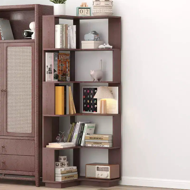 Okak 6 Tier Freestanding L-Shaped Bookshelf Corner Organizer,Wooden Display Bookcase with Anti-Tip Device for Home Office,Study