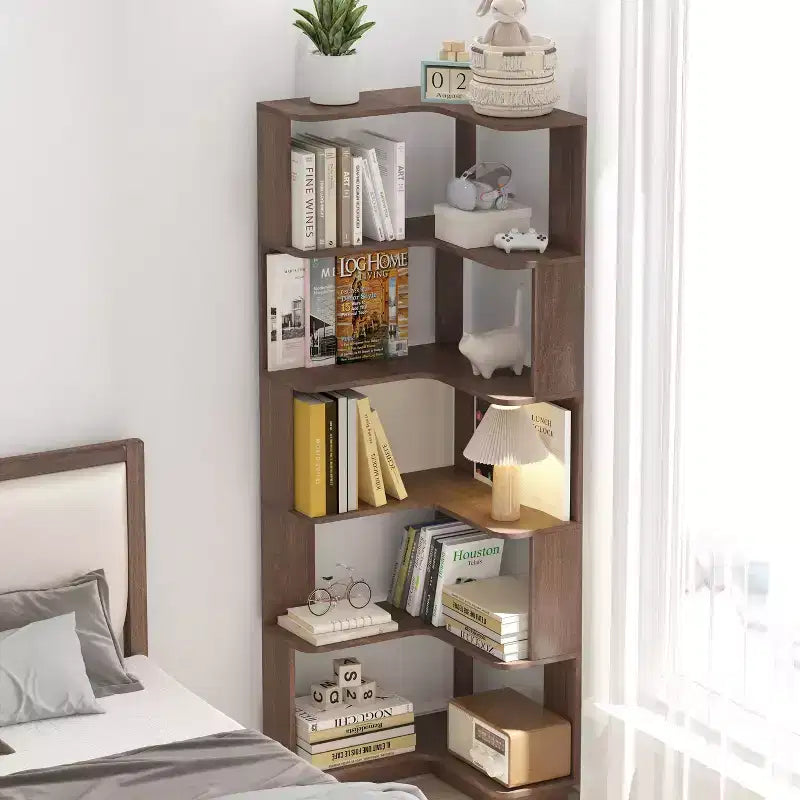 Okak 6 Tier Freestanding L-Shaped Bookshelf Corner Organizer,Wooden Display Bookcase with Anti-Tip Device for Home Office,Study