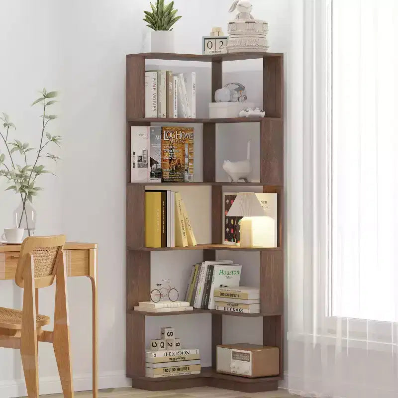 Okak 6 Tier Freestanding L-Shaped Bookshelf Corner Organizer,Wooden Display Bookcase with Anti-Tip Device for Home Office,Study