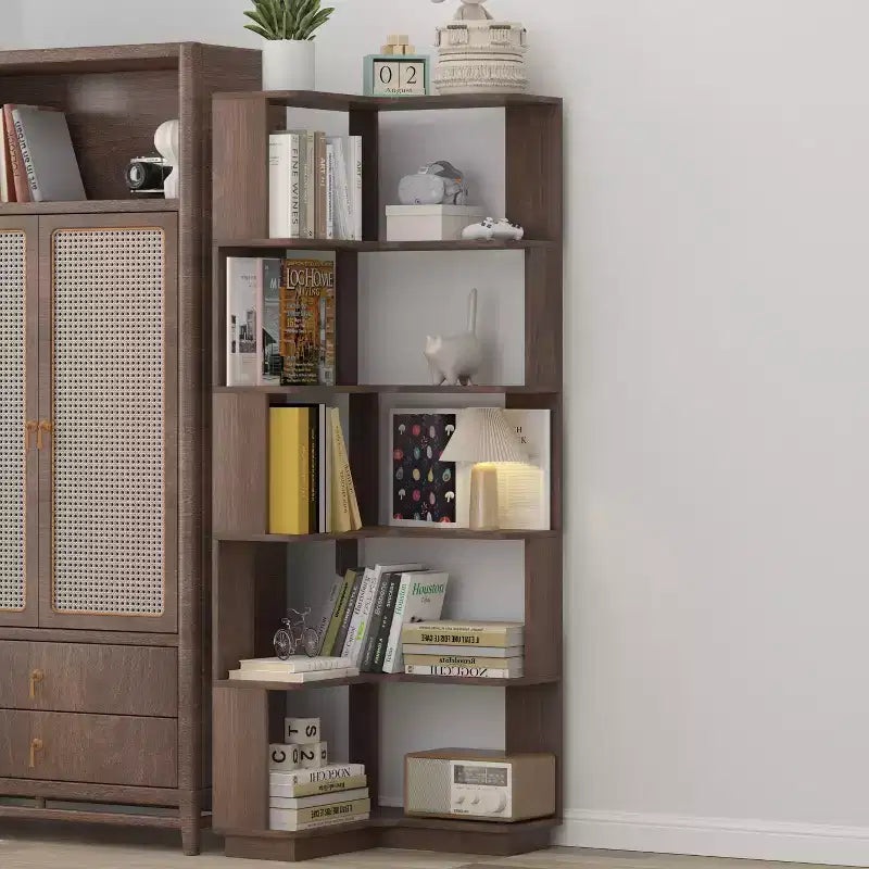 Okak 6 Tier Freestanding L-Shaped Bookshelf Corner Organizer,Wooden Display Bookcase with Anti-Tip Device for Home Office,Study