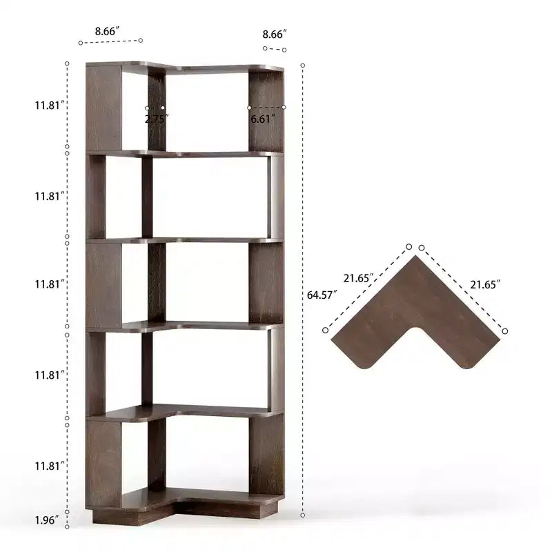 Okak 6 Tier Freestanding L-Shaped Bookshelf Corner Organizer,Wooden Display Bookcase with Anti-Tip Device for Home Office,Study