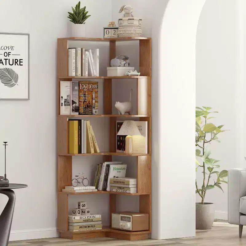 Okak 6 Tier Freestanding L-Shaped Bookshelf Corner Organizer,Wooden Display Bookcase with Anti-Tip Device for Home Office,Study