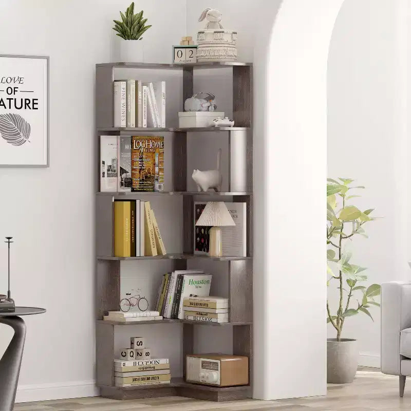 Okak 6 Tier Freestanding L-Shaped Bookshelf Corner Organizer,Wooden Display Bookcase with Anti-Tip Device for Home Office,Study