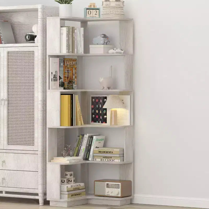 Okak 6 Tier Freestanding L-Shaped Bookshelf Corner Organizer,Wooden Display Bookcase with Anti-Tip Device for Home Office,Study