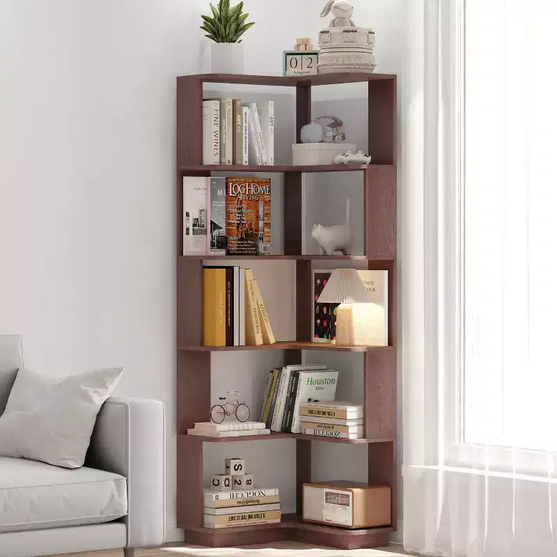 Okak 6 Tier Freestanding L-Shaped Bookshelf Corner Organizer,Wooden Display Bookcase with Anti-Tip Device for Home Office,Study