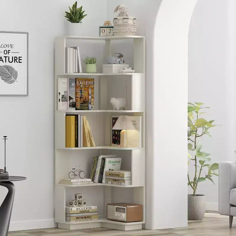 Okak 6 Tier Freestanding L-Shaped Bookshelf Corner Organizer,Wooden Display Bookcase with Anti-Tip Device for Home Office,Study