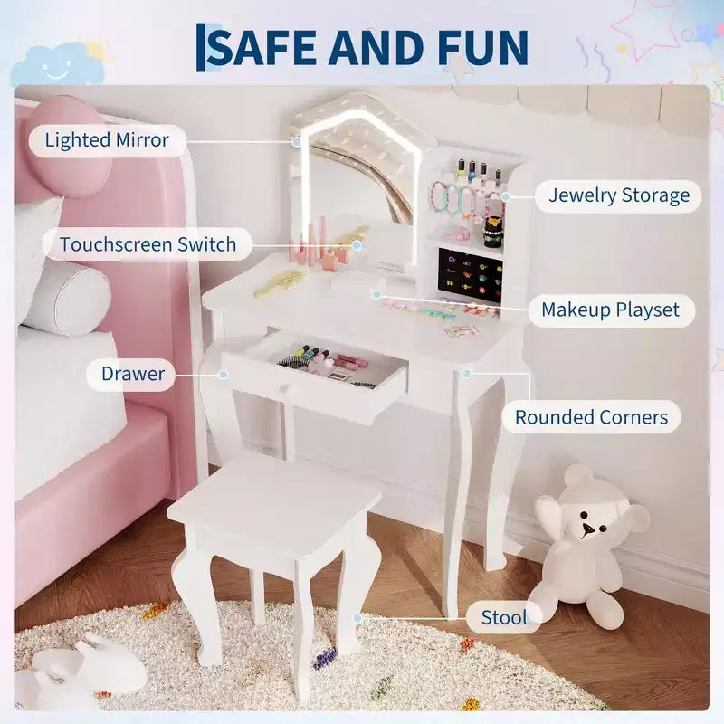 Kids Vanity with Lighted Mirror, Little Girl Vanity and Stool, Toddler Makeup Table Set and Makeup Playset for 3-8 Girls