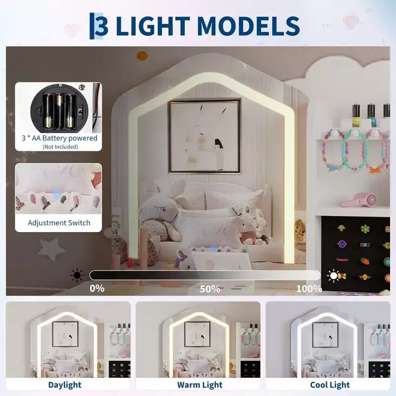 Kids Vanity with Lighted Mirror, Little Girl Vanity and Stool, Toddler Makeup Table Set and Makeup Playset for 3-8 Girls