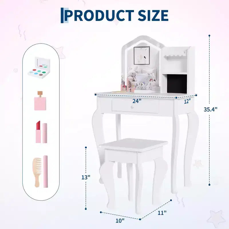 Kids Vanity with Lighted Mirror, Little Girl Vanity and Stool, Toddler Makeup Table Set and Makeup Playset for 3-8 Girls