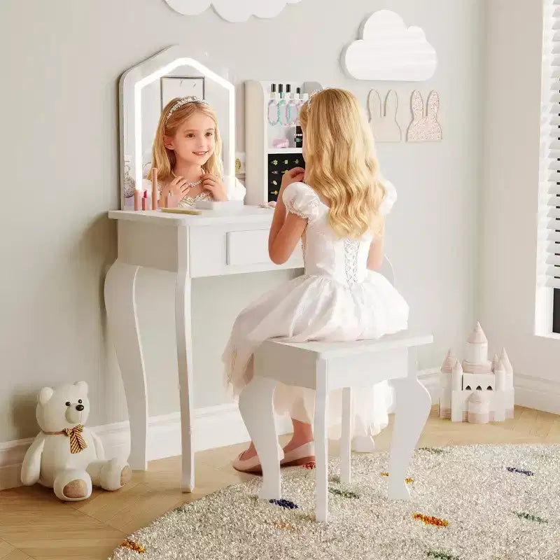 Kids Vanity with Lighted Mirror, Little Girl Vanity and Stool, Toddler Makeup Table Set and Makeup Playset for 3-8 Girls
