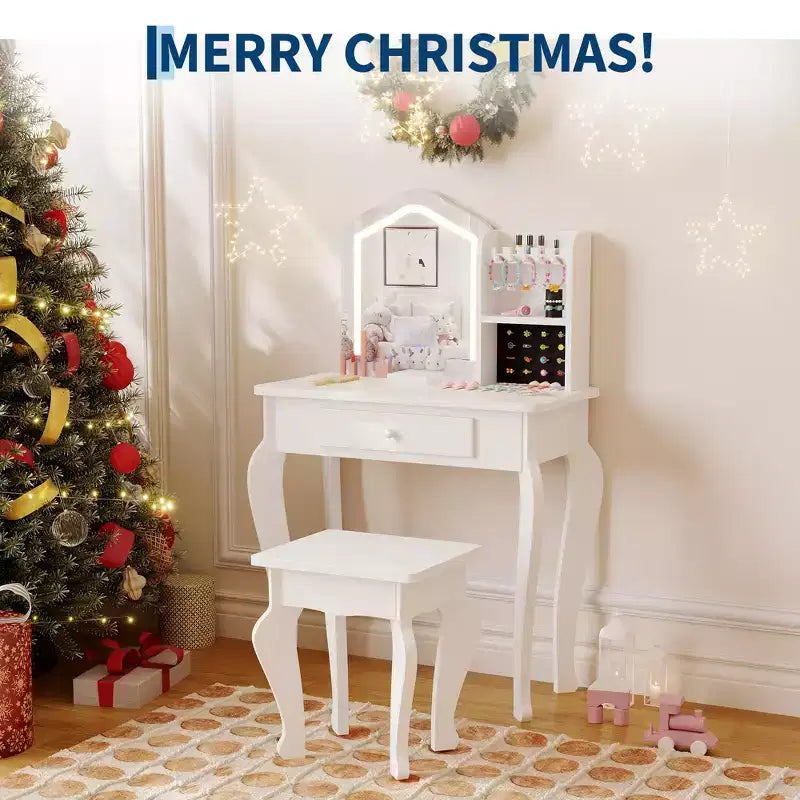 Kids Vanity with Lighted Mirror, Little Girl Vanity and Stool, Toddler Makeup Table Set and Makeup Playset for 3-8 Girls