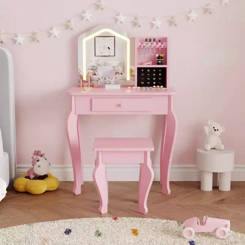 Kids Vanity with Lighted Mirror, Little Girl Vanity and Stool, Toddler Makeup Table Set and Makeup Playset for 3-8 Girls