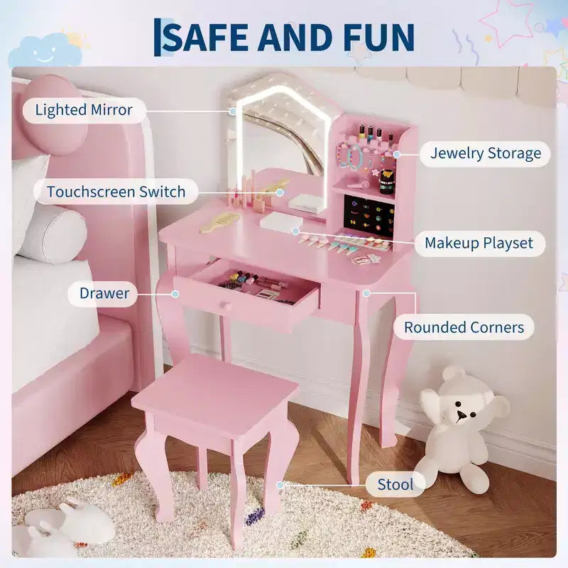 Kids Vanity with Lighted Mirror, Little Girl Vanity and Stool, Toddler Makeup Table Set and Makeup Playset for 3-8 Girls