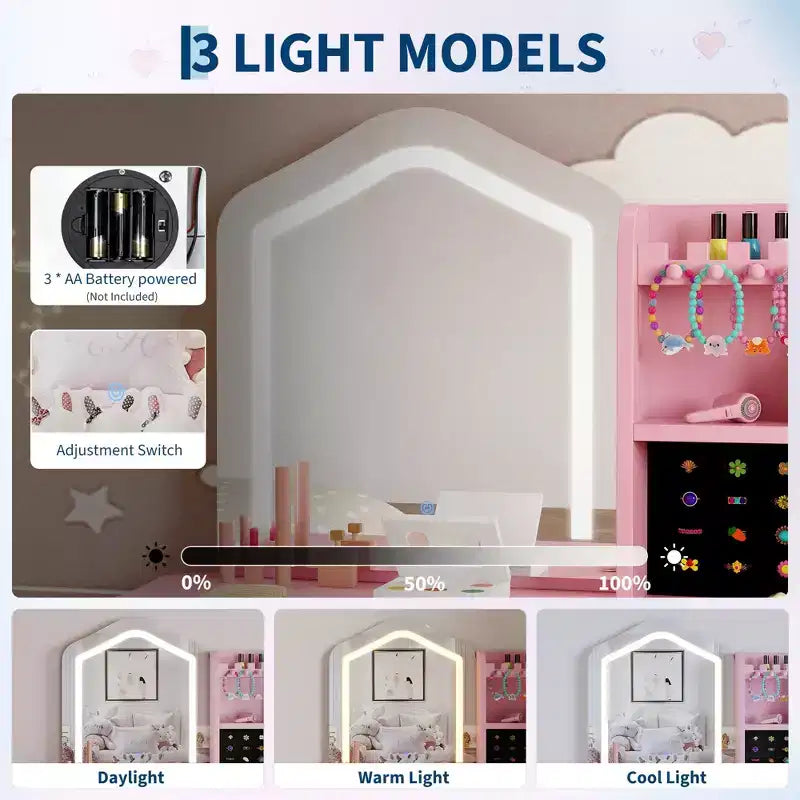Kids Vanity with Lighted Mirror, Little Girl Vanity and Stool, Toddler Makeup Table Set and Makeup Playset for 3-8 Girls