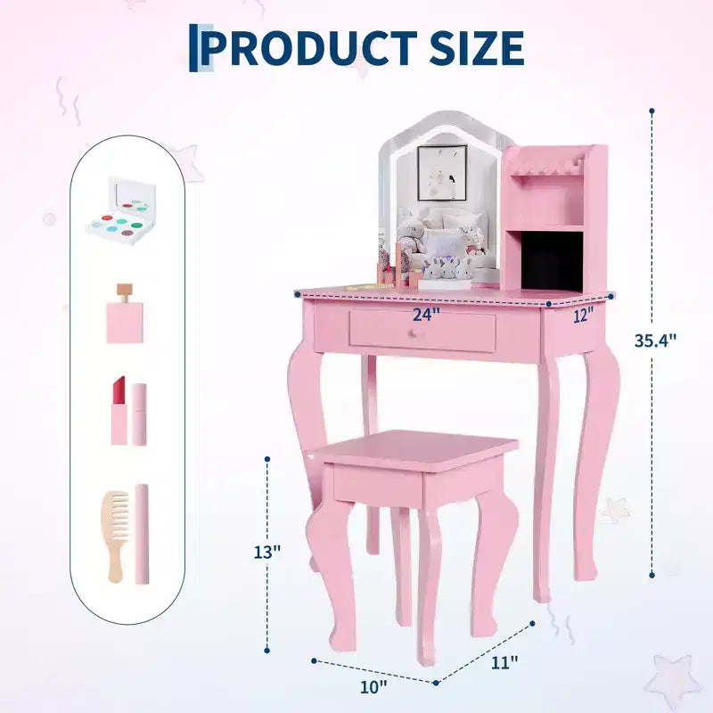 Kids Vanity with Lighted Mirror, Little Girl Vanity and Stool, Toddler Makeup Table Set and Makeup Playset for 3-8 Girls
