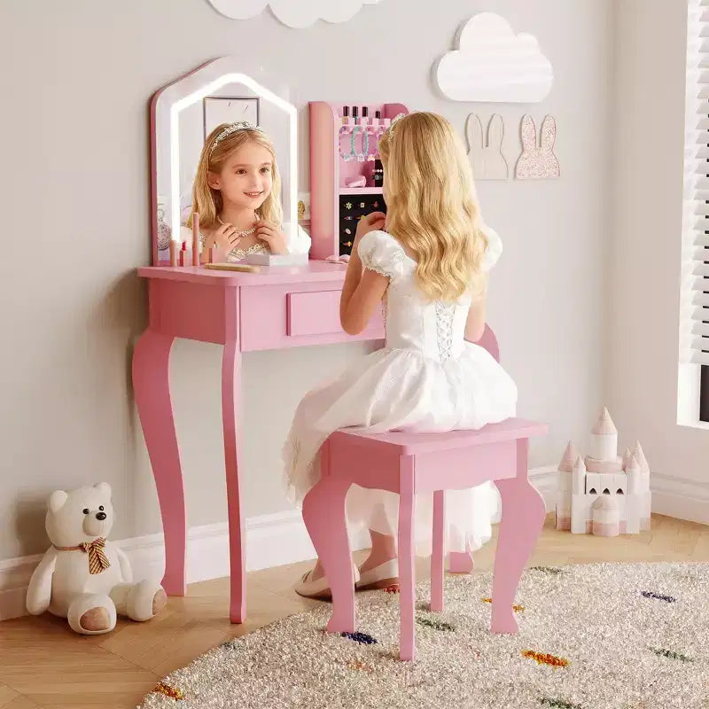 Kids Vanity with Lighted Mirror, Little Girl Vanity and Stool, Toddler Makeup Table Set and Makeup Playset for 3-8 Girls